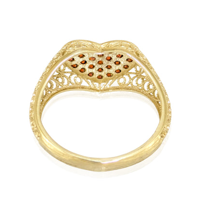 Heart Filigree Ring with Red Cubic Zirconia – Romantic Gold Statement Ring