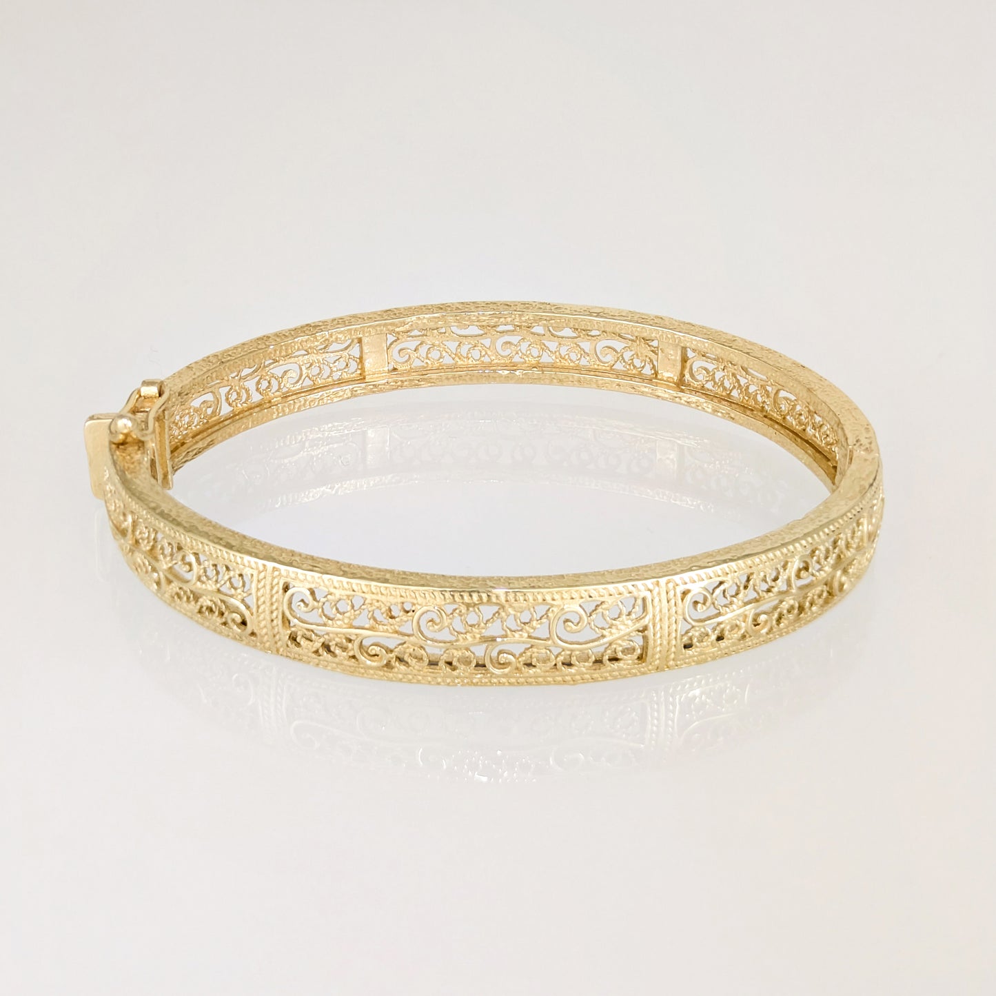 Turkish Filigree Gold Plated Hinged Bangle Bracelet with Openwork Design