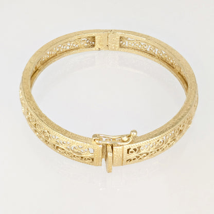 Turkish Filigree Gold Plated Hinged Bangle Bracelet with Openwork Design