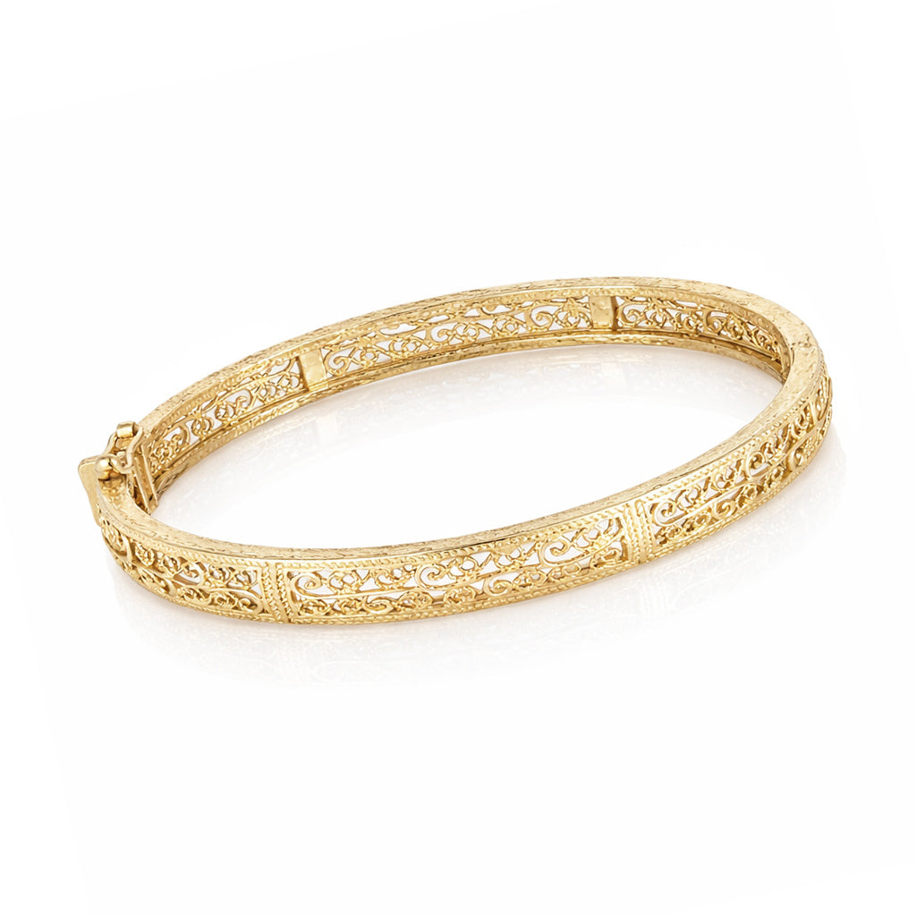 Turkish Filigree Gold Plated Hinged Bangle Bracelet with Openwork Design