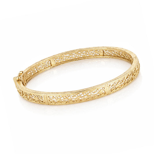 Turkish Filigree Gold Plated Hinged Bangle Bracelet with Openwork Design