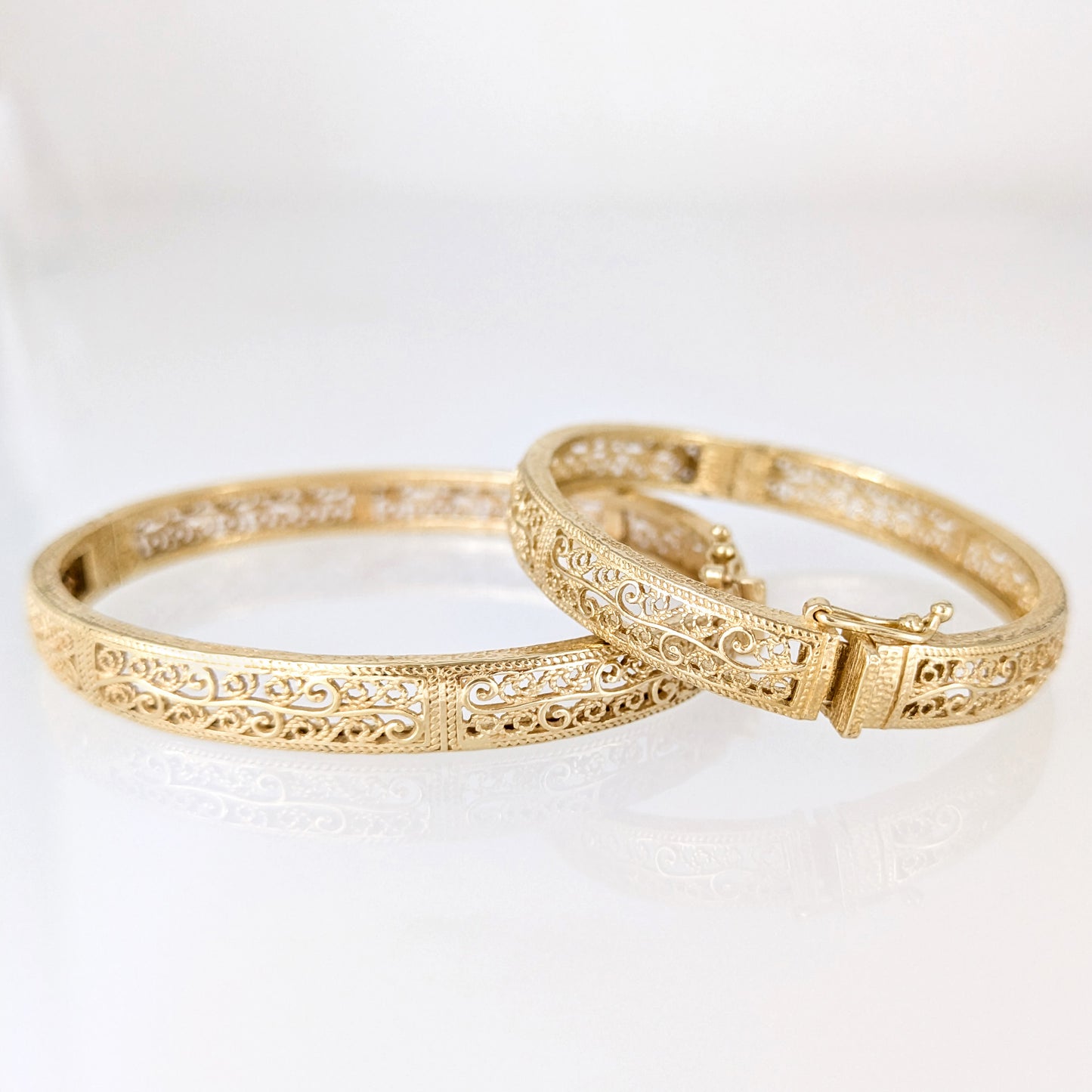 Turkish Filigree Gold Plated Hinged Bangle Bracelet with Openwork Design
