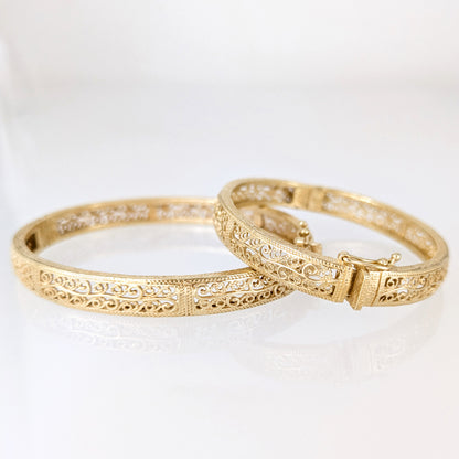 Turkish Filigree Gold Plated Hinged Bangle Bracelet with Openwork Design