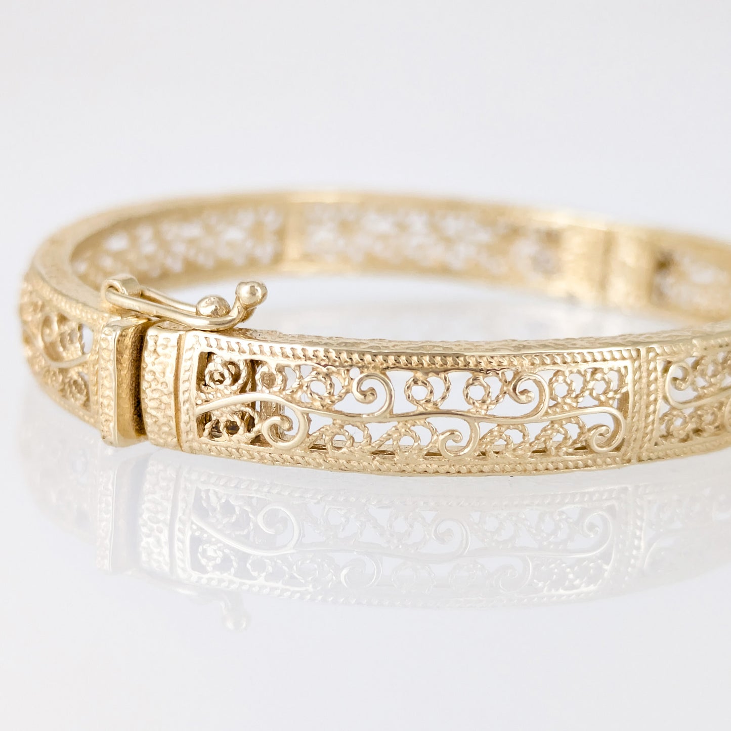 Turkish Filigree Gold Plated Hinged Bangle Bracelet with Openwork Design