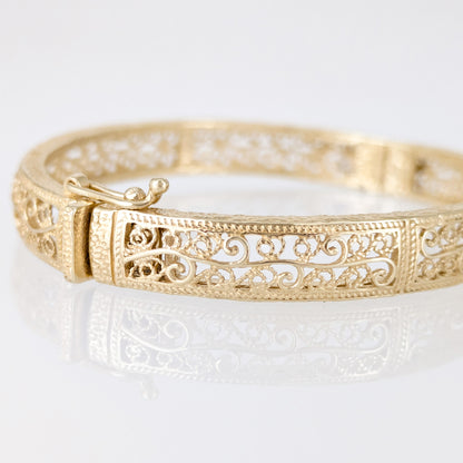 Turkish Filigree Gold Plated Hinged Bangle Bracelet with Openwork Design