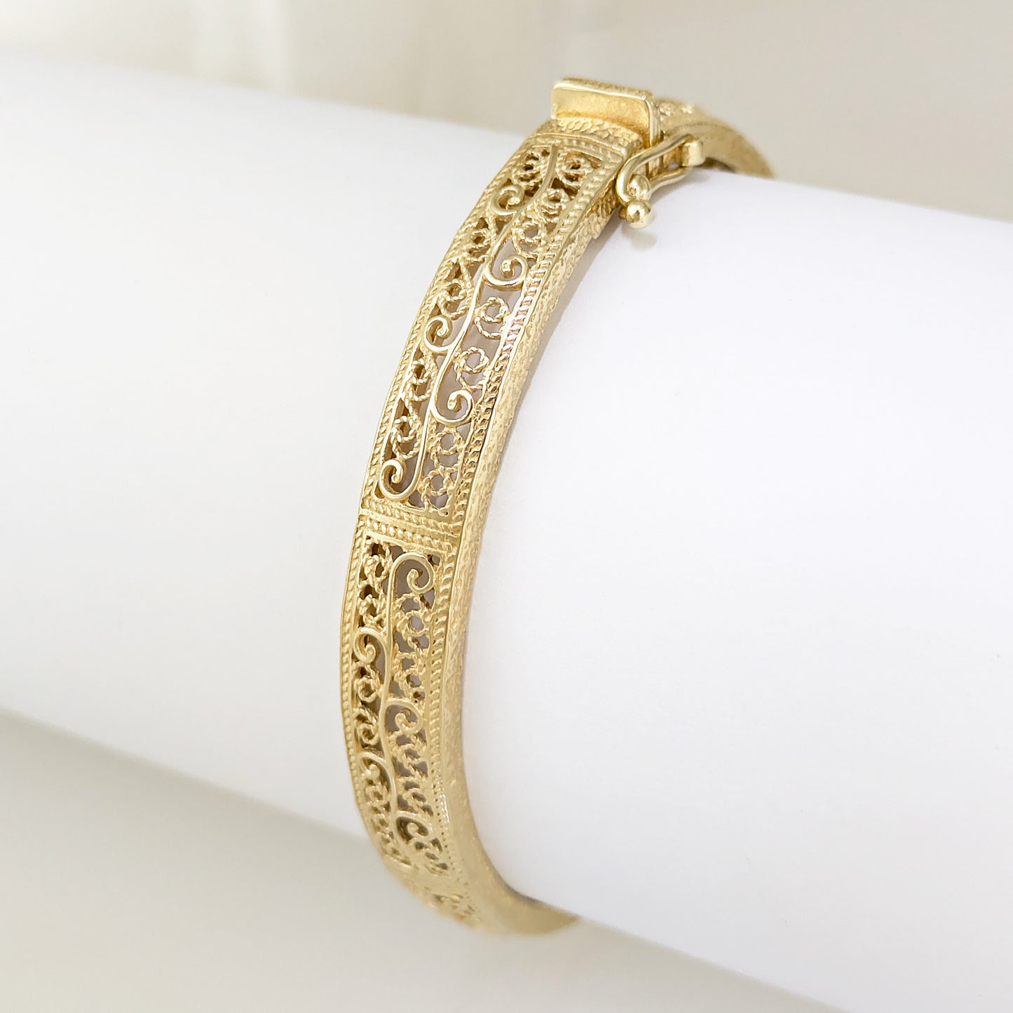 Turkish Filigree Gold Plated Hinged Bangle Bracelet with Openwork Design