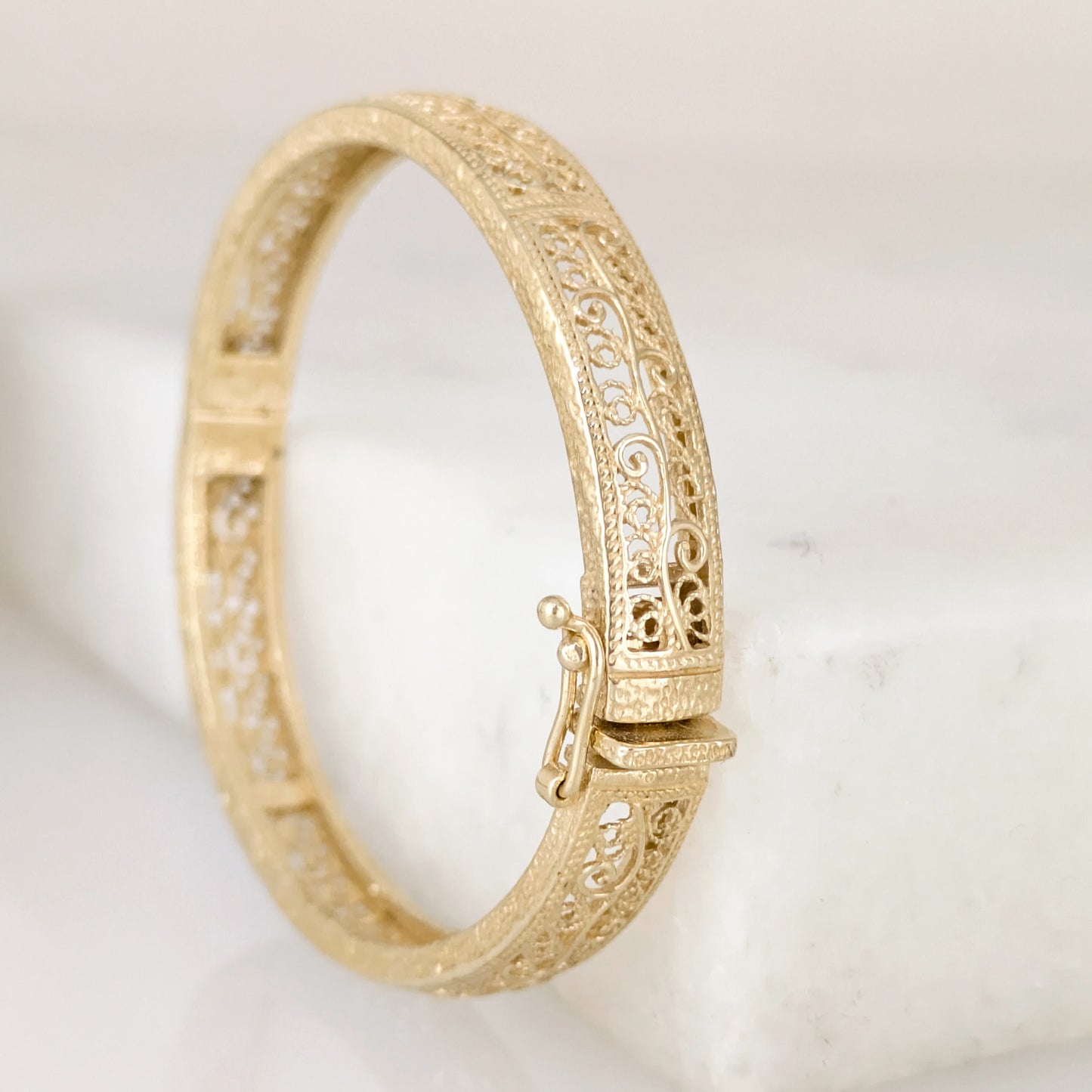 Turkish Filigree Gold Plated Hinged Bangle Bracelet with Openwork Design