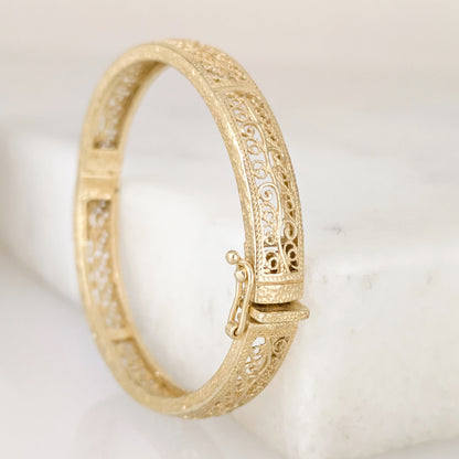 Turkish Filigree Gold Plated Hinged Bangle Bracelet with Openwork Design