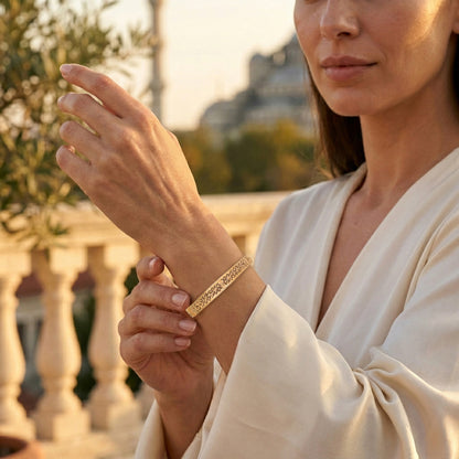 Turkish Filigree Gold Plated Hinged Bangle Bracelet with Openwork Design