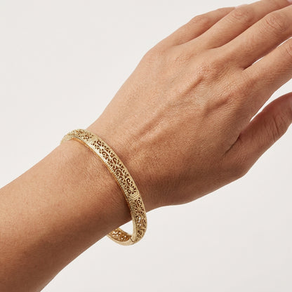 Turkish Filigree Gold Plated Hinged Bangle Bracelet with Openwork Design