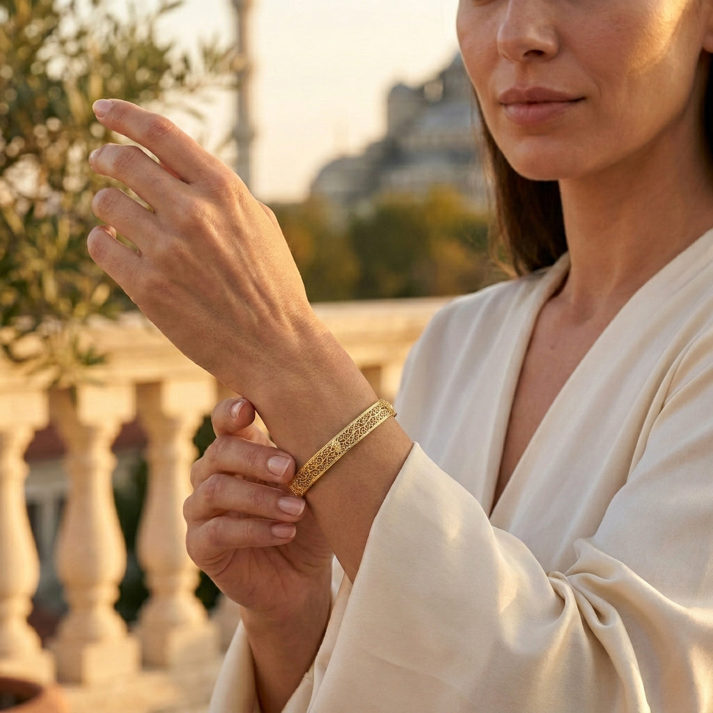 Turkish Filigree Gold Plated Hinged Bangle Bracelet with Openwork Design