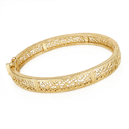 Turkish Filigree Gold Plated Hinged Bangle Bracelet with Openwork Design