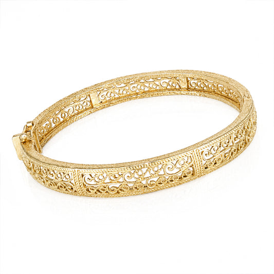 Turkish Filigree Gold Plated Hinged Bangle Bracelet with Openwork Design