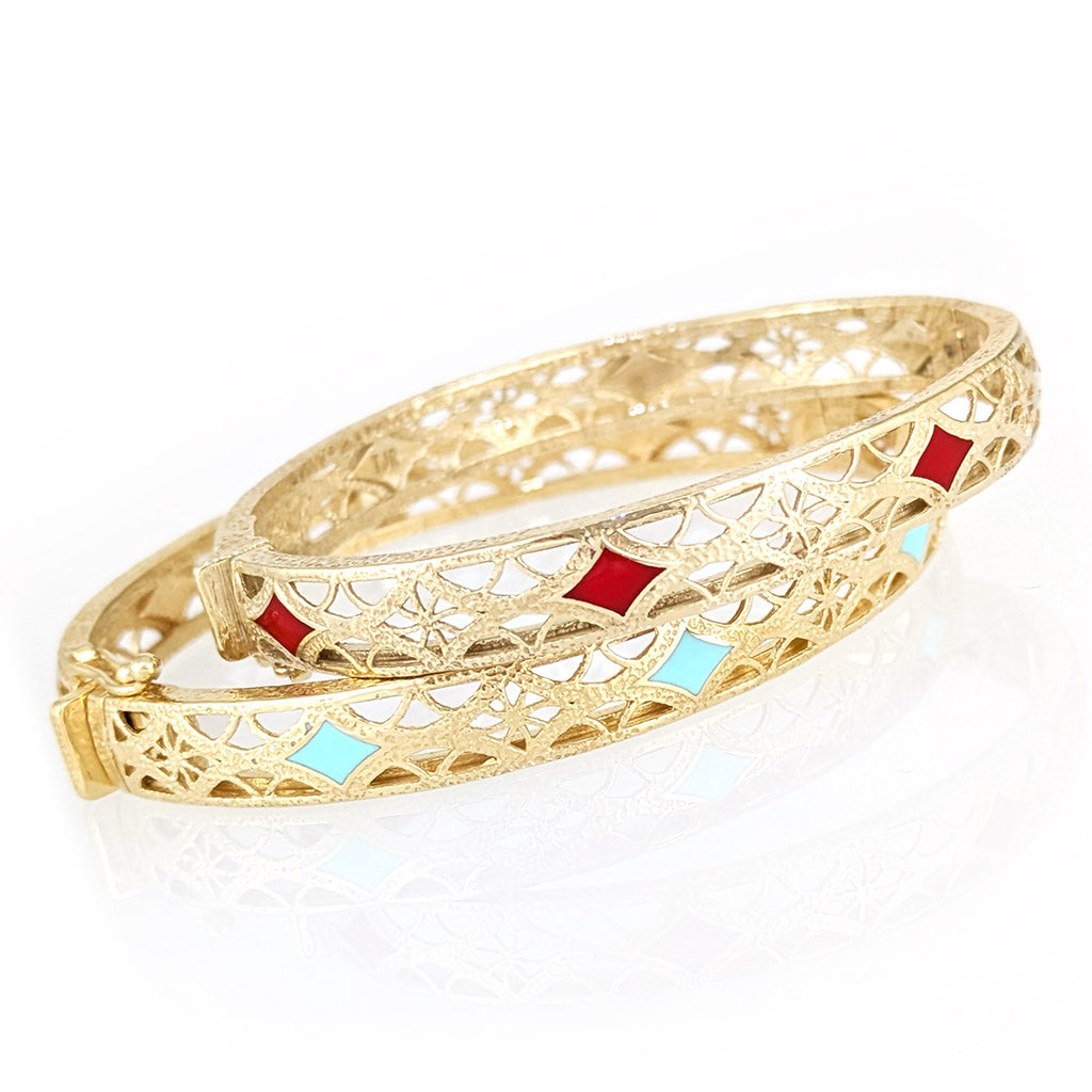 Enamel Filigree Hinged Bangle Bracelet