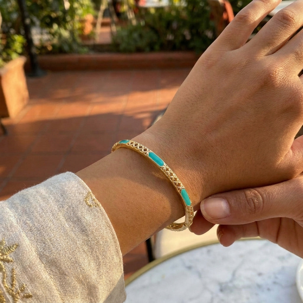 Enamel Inlay Bangle – Lattice Detail with Safety Clasp 7 or 8 in Red Coral Turquoise color options