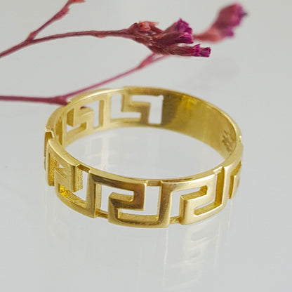 Gold Greek Pattern Band Ring - 18k, 14k, 10k - TurkishBling