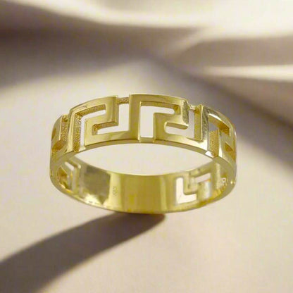 Gold Greek Pattern Band Ring - 18k, 14k, 10k - TurkishBling