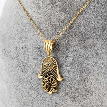 Hamsa Pendant with Black Spinel and Evil Eye – Gold over Sterling Silver, Enhancer Clasp - TurkishBling