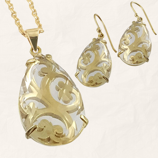 Legendary Duo Crystal Drop Quartz Filigree Necklace and Earring Set