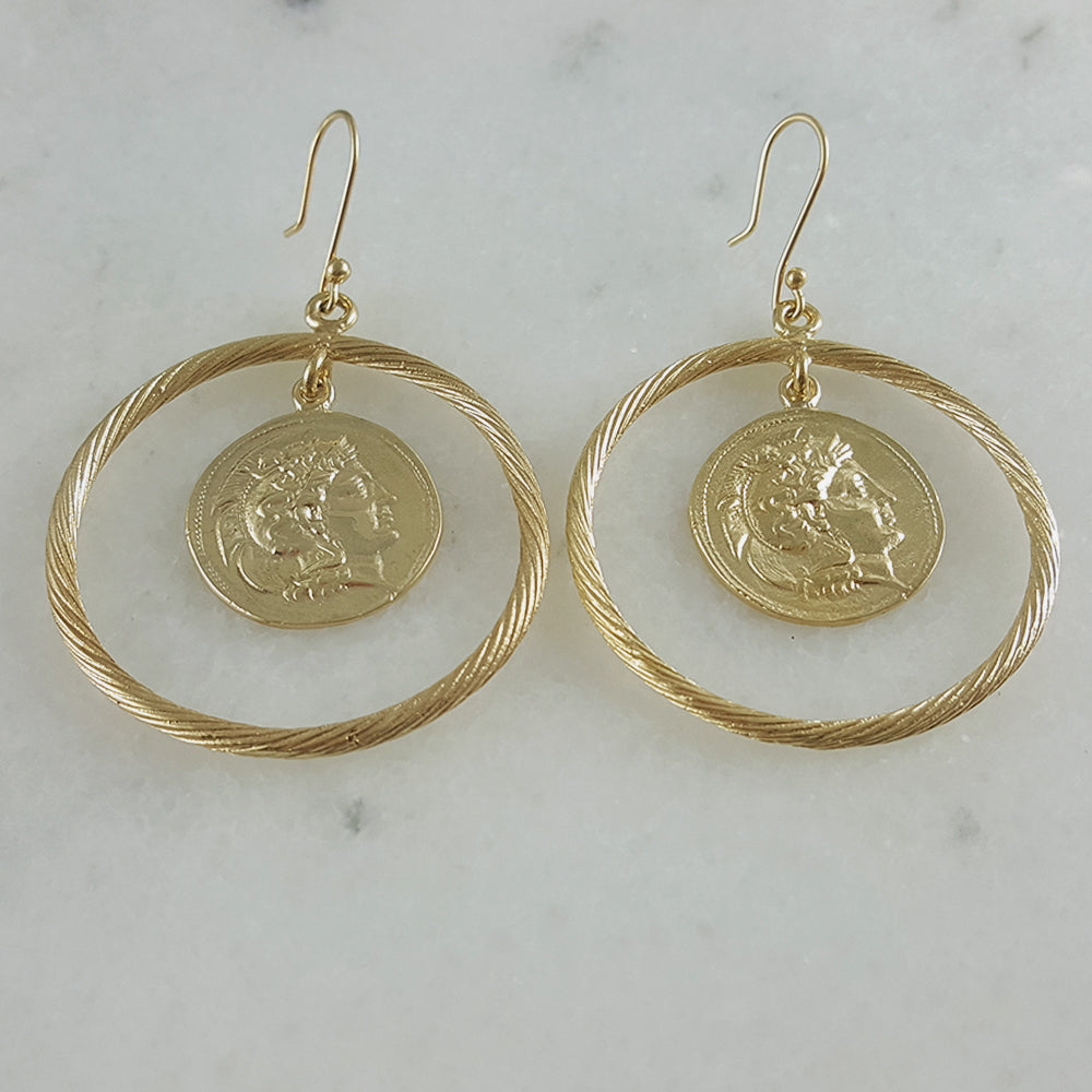 Ancient Coin Earrings in Cable Hoop on Hooks