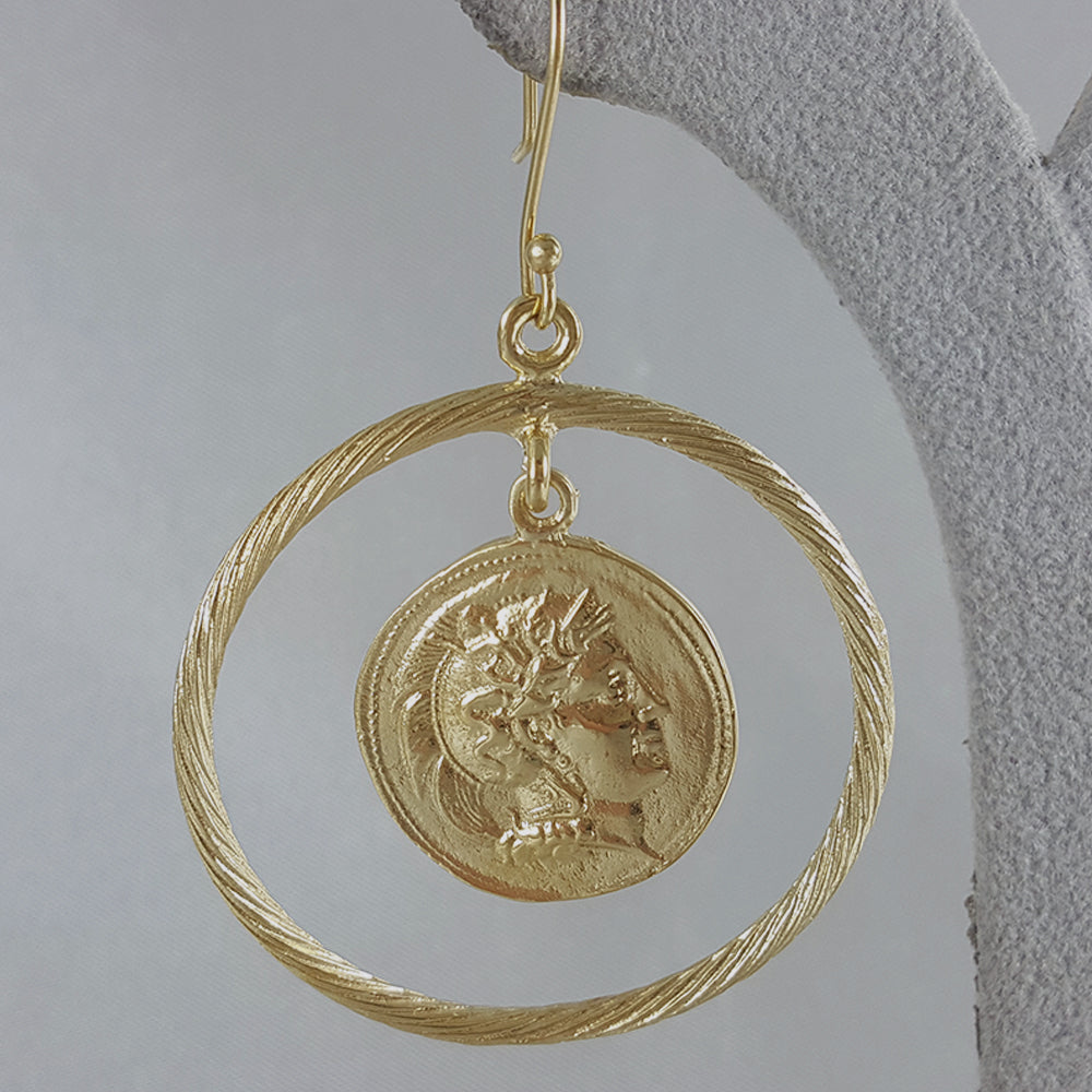 Ancient Coin Earrings in Cable Hoop on Hooks