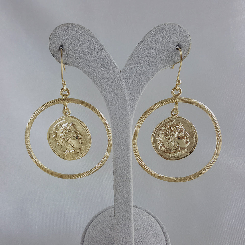 Ancient Coin Earrings in Cable Hoop on Hooks