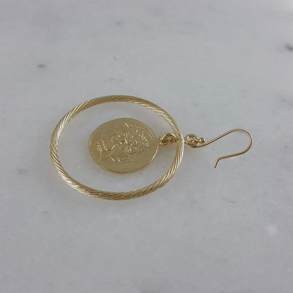 Ancient Coin Earrings in Cable Hoop on Hooks