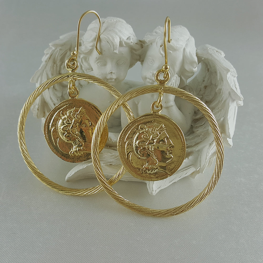 Ancient Coin Earrings in Cable Hoop on Hooks