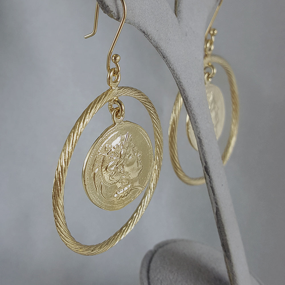 Ancient Coin Earrings in Cable Hoop on Hooks