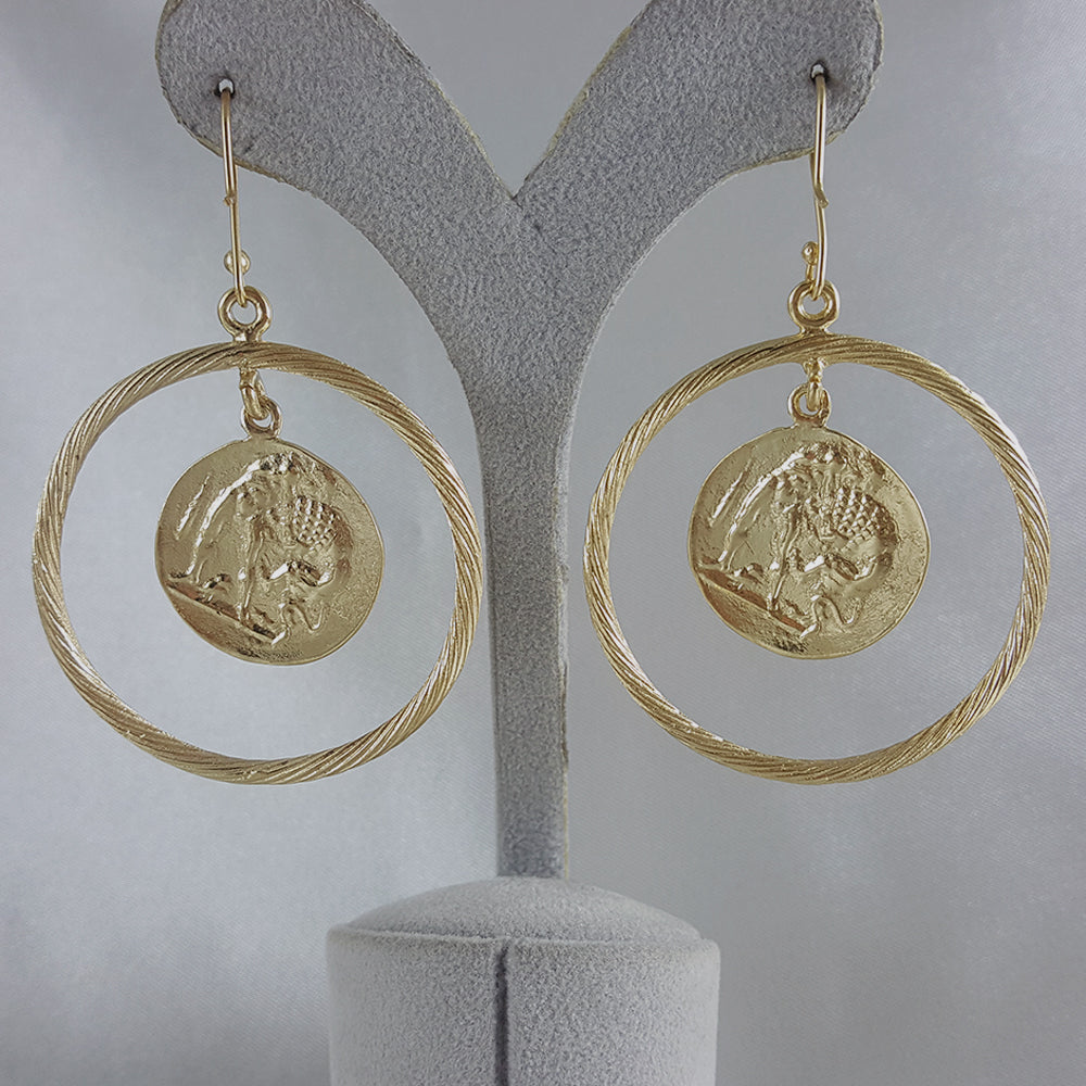 Ancient Coin Earrings in Cable Hoop on Hooks