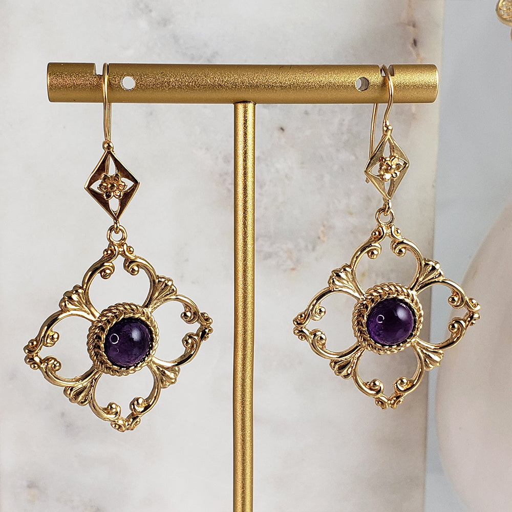 Venetian Scrollwork Engraved Geometric Earrings with Amethyst Gemstone