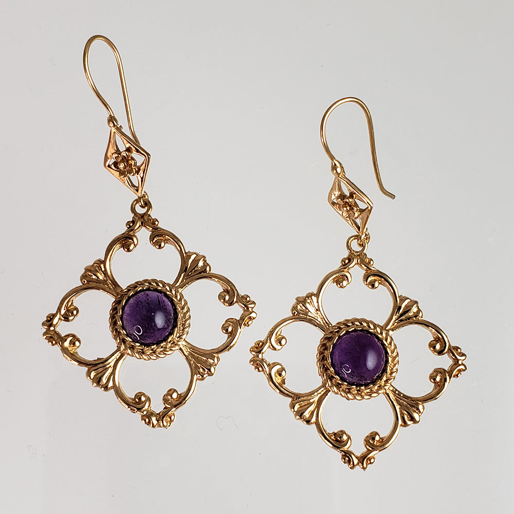 Venetian Scrollwork Engraved Geometric Earrings with Amethyst Gemstone