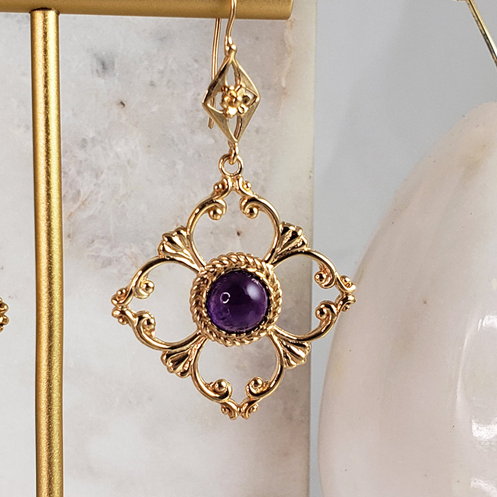 Venetian Scrollwork Engraved Geometric Earrings with Amethyst Gemstone