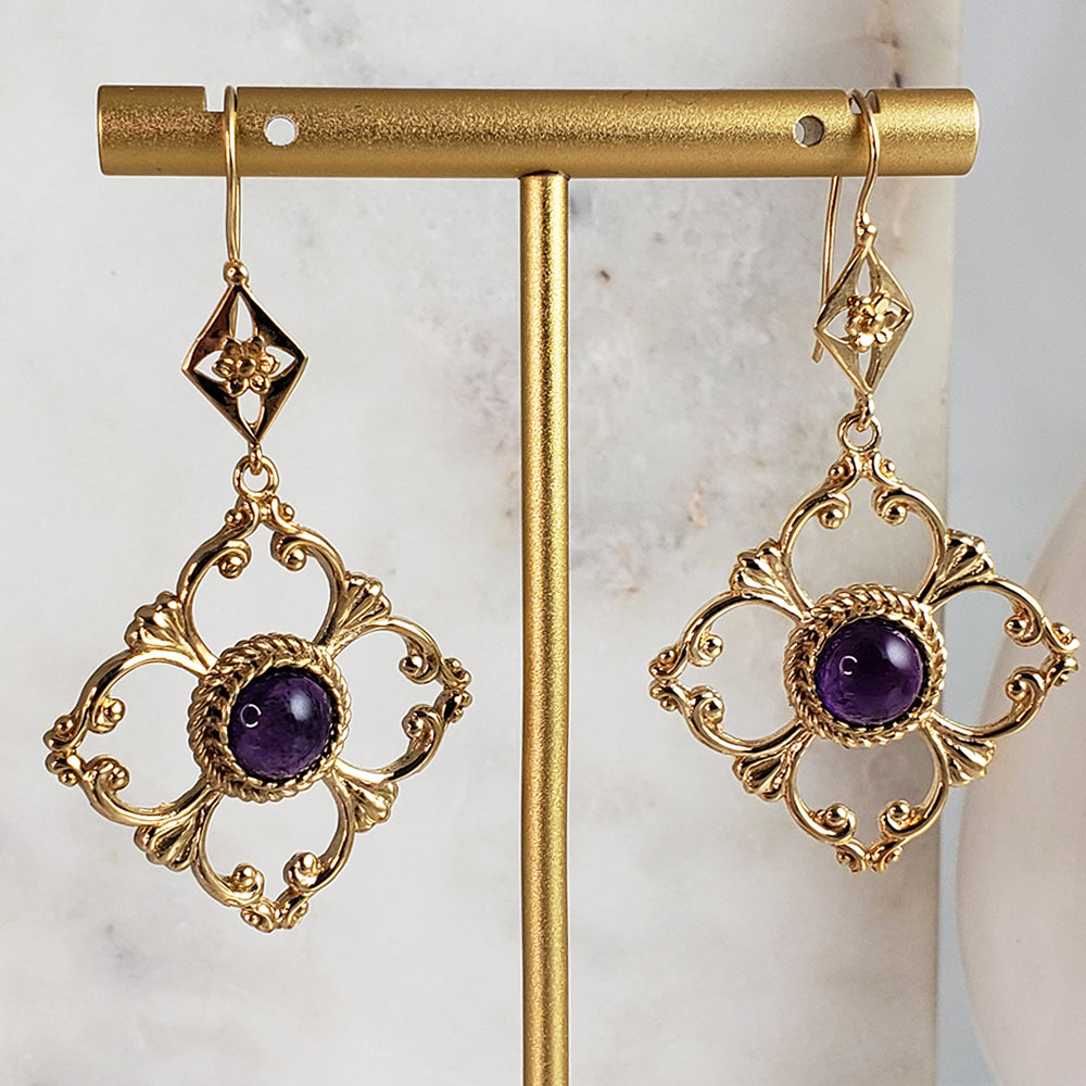 Venetian Scrollwork Engraved Geometric Earrings with Amethyst Gemstone