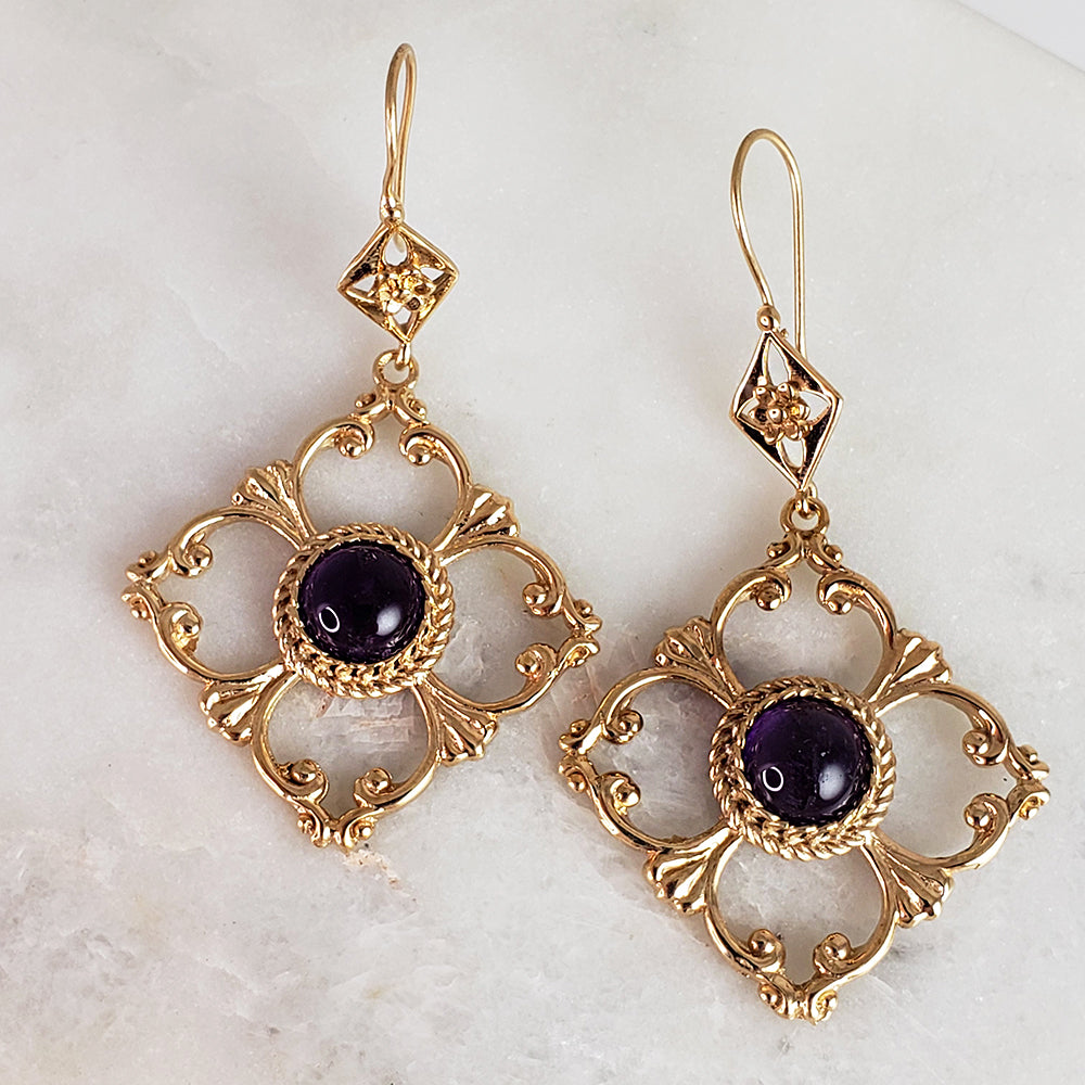 Venetian Scrollwork Engraved Geometric Earrings with Amethyst Gemstone