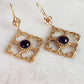 Venetian Scrollwork Engraved Geometric Earrings with Amethyst Gemstone