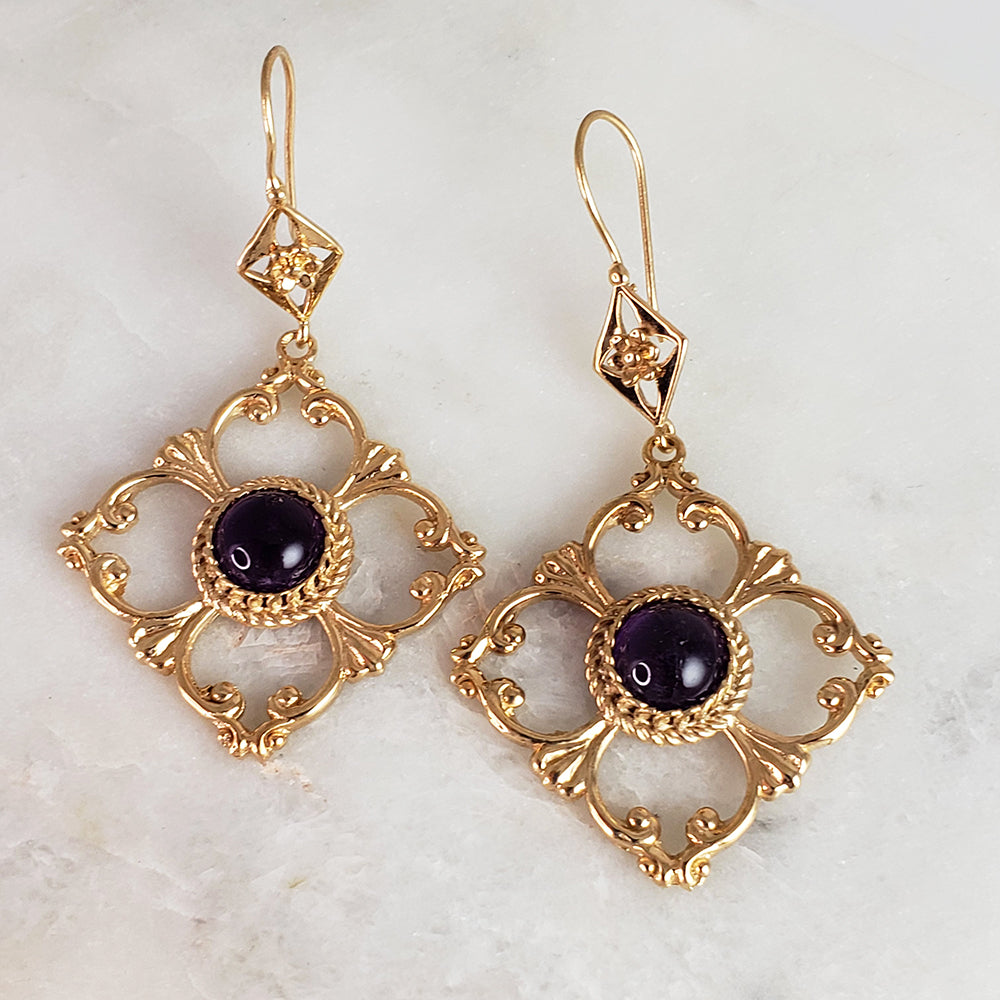 Venetian Scrollwork Engraved Geometric Earrings with Amethyst Gemstone