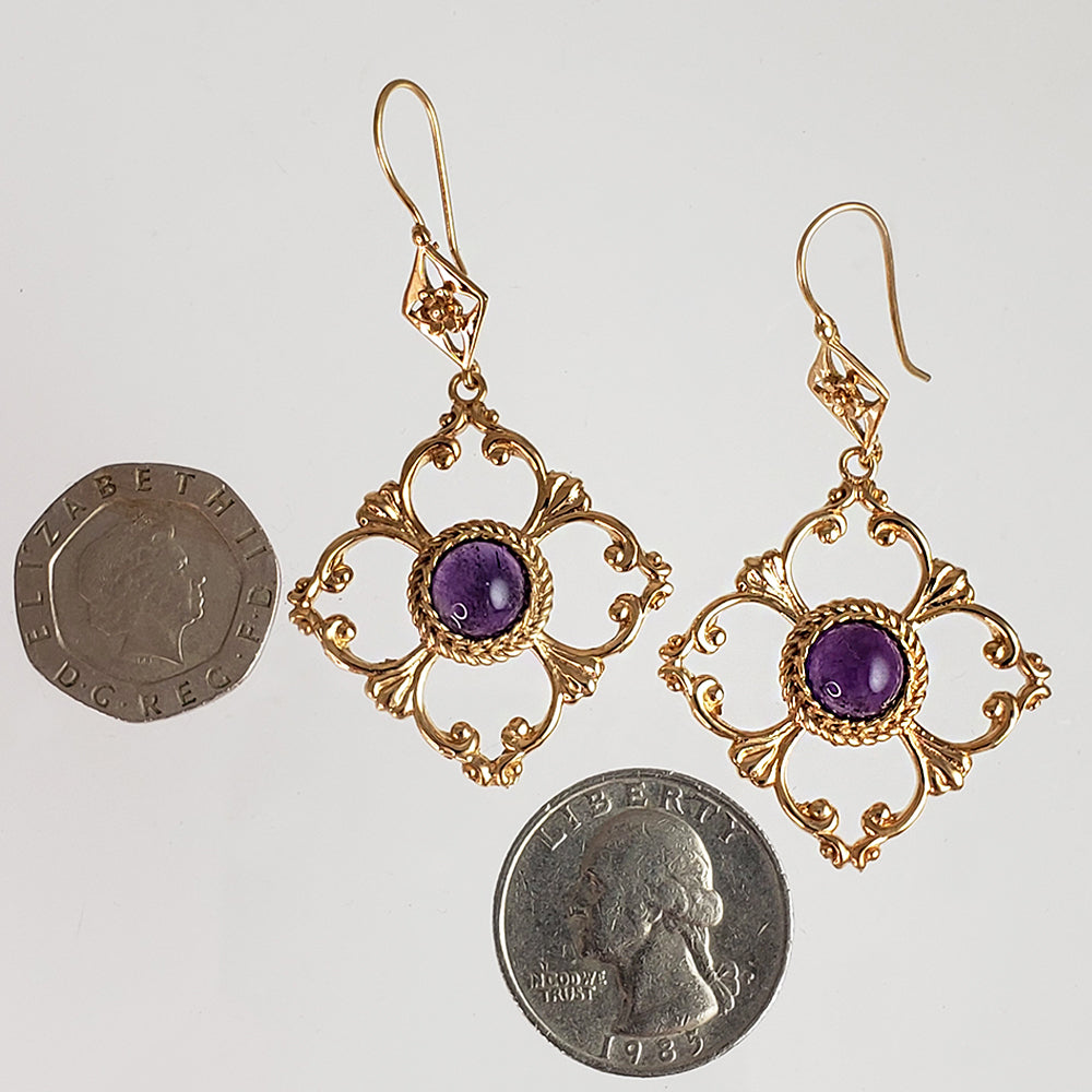 Venetian Scrollwork Engraved Geometric Earrings with Amethyst Gemstone