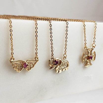 Charm Necklace Collection with Ruby – Angel Wings, Elephant, Cross – Gold over Bronze - TurkishBling