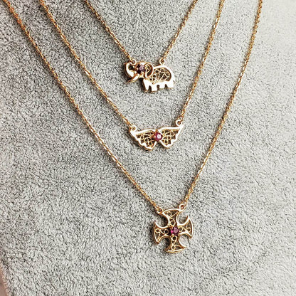 Charm Necklace Collection with Ruby – Angel Wings, Elephant, Cross – Gold over Bronze - TurkishBling