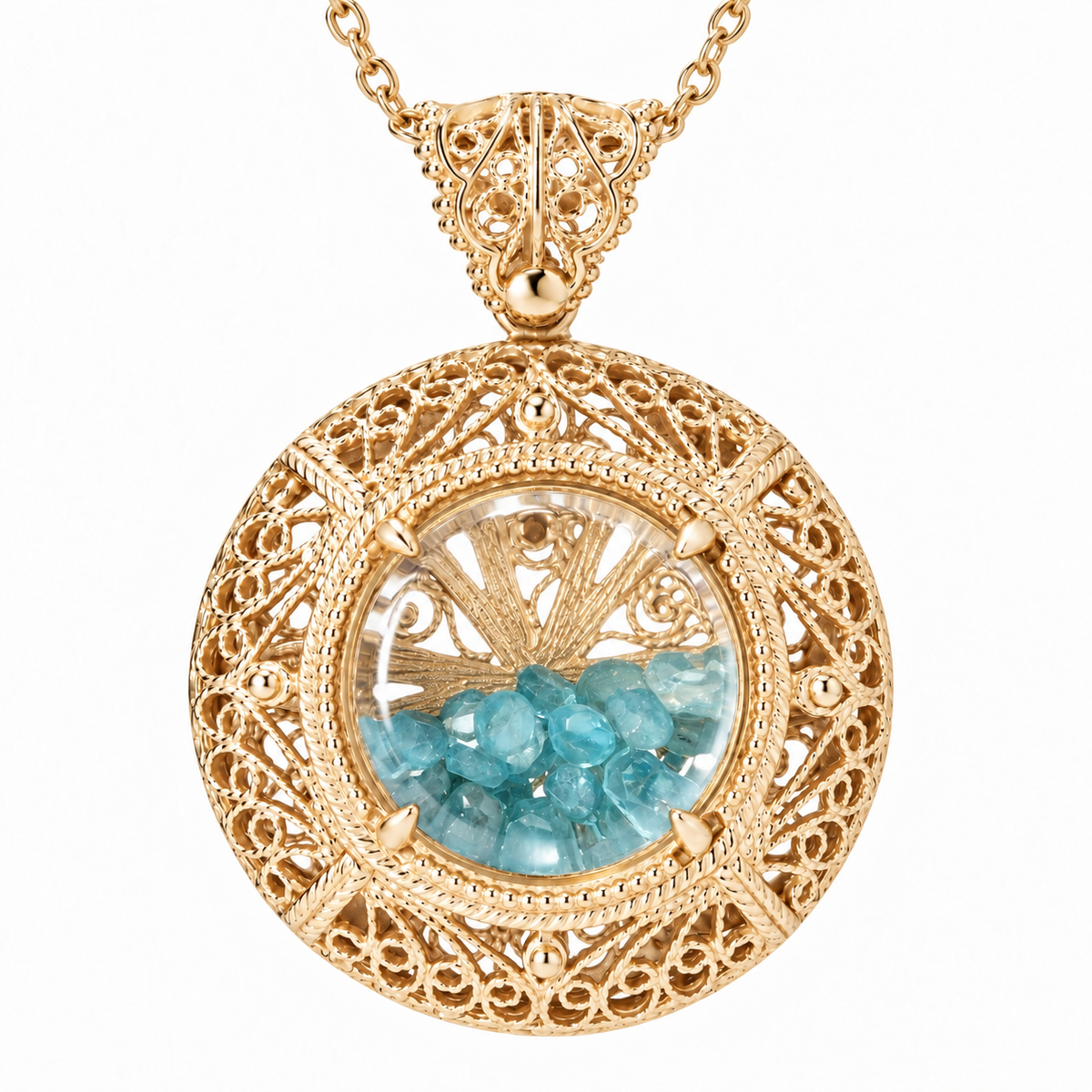 Filigree Locket Shaker Pendant with Floating Gemstones – 36 in. Love Link Chain