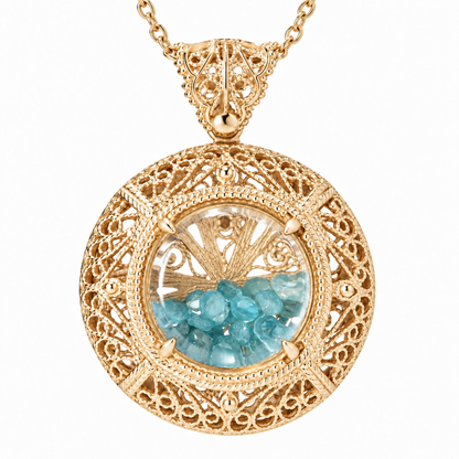 Filigree Locket Shaker Pendant with Floating Gemstones – 36 in. Love Link Chain