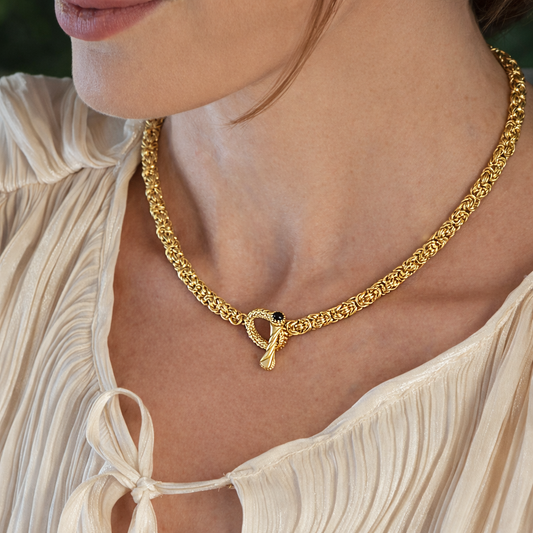 Timeless Classic Byzantine Link Chain Necklace with Black Onyx Toggle Clasp -5.5mm