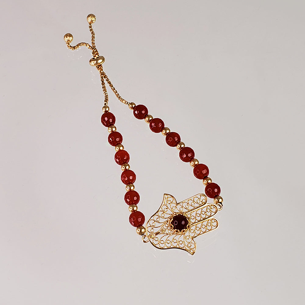 Charming Gold Plated Filigree Carnelian Bead Hamsa Bracelet