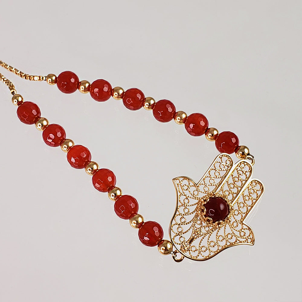 Charming Gold Plated Filigree Carnelian Bead Hamsa Bracelet