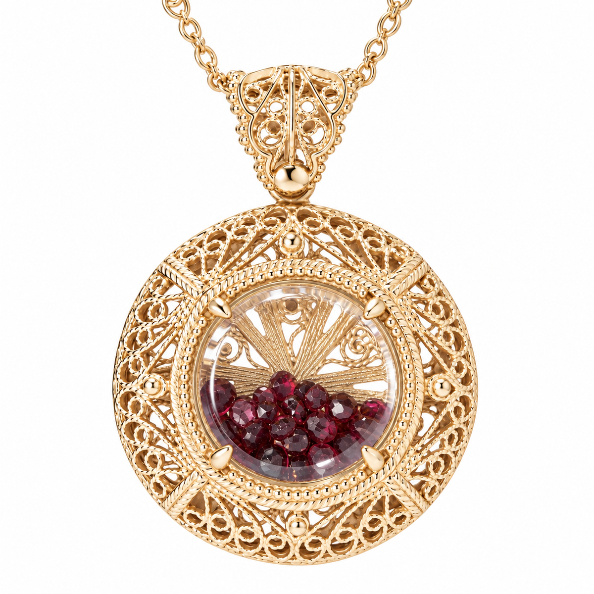 Filigree Locket Shaker Pendant with Floating Gemstones – 36 in. Love Link Chain