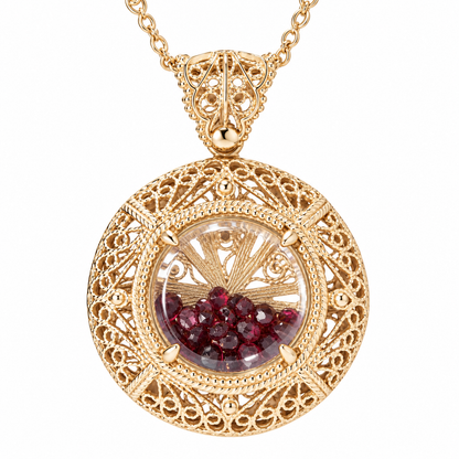 Filigree Locket Shaker Pendant with Floating Gemstones – 36 in. Love Link Chain