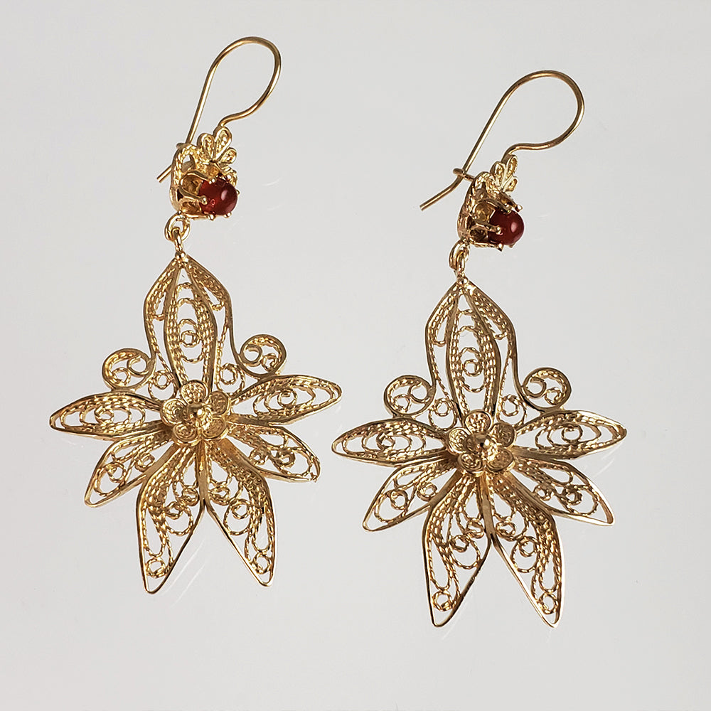 18K Gold Plated 2.5" Carnelian Filigree Earrings