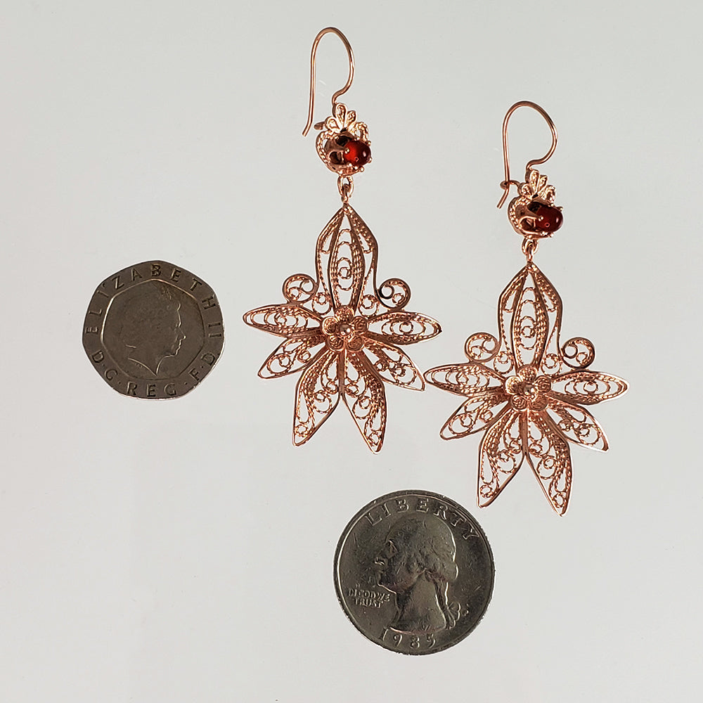 18K Gold Plated 2.5" Carnelian Filigree Earrings