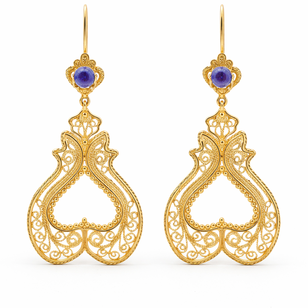 Filigree Drop Earrings with Tanzanite and Fire Opal